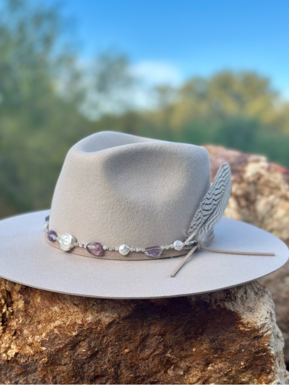 Amethyst Moonstone and freshwater Pearl Hat Band women’s cowboy hat accessory